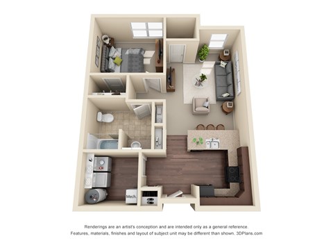 A 3D floor plan of a small apartment with a kitchen, living room, and bedroom.
